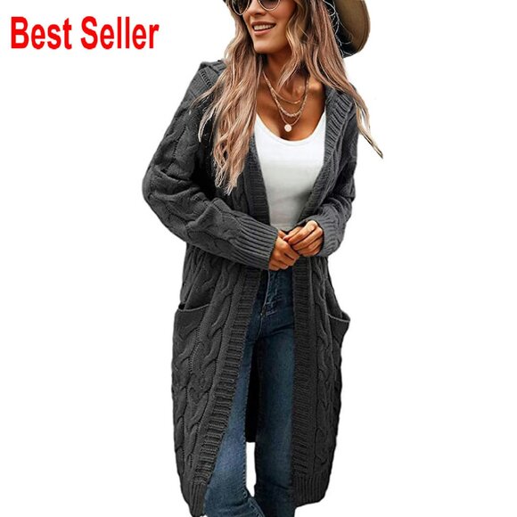 Oversized Cable Knit Cardigan Hooded Chunky Sweater Coat Side Pockets